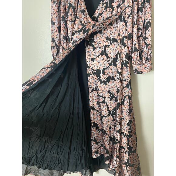 ANTHROPOLOGIE DRESS CABALLERO WRAP MIDI METALLIC FLORAL BLACK CORAL TAN FALL - Picture 9 of 16